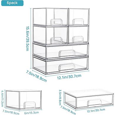 KSIZUIS 6-Pack Clear Stackable Drawers - Plastic Organizer Set for Bathroom & Pantry Cabinet