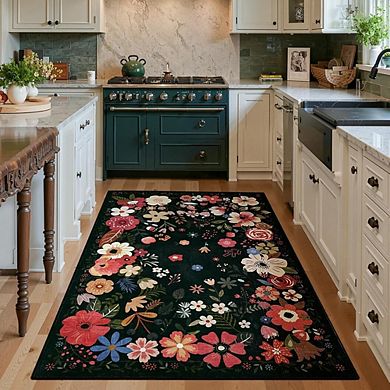 Washable Indoor Rug, Non-Slip Low-Pile Soft Carpet, Floral Farmhouse