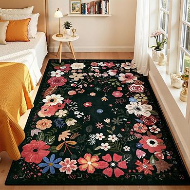 Washable Indoor Rug, Non-Slip Low-Pile Soft Carpet, Floral Farmhouse