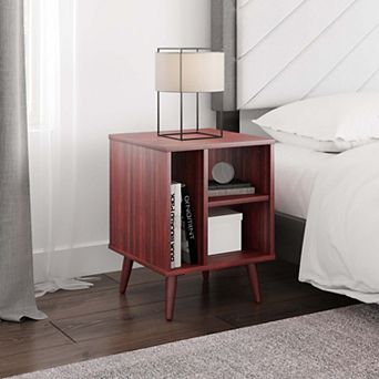 Mid-Century Modern Open Storage Cubby Nightstand, Wood Bed Side Table with Geometric Design