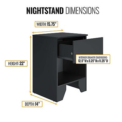 Modern Small One Drawer Nightstand with Open Storage Cubby, Low Profile Bedside End Table