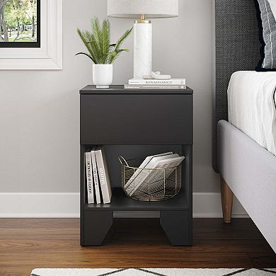 Modern Small One Drawer Nightstand with Open Storage Cubby, Low Profile Bedside End Table