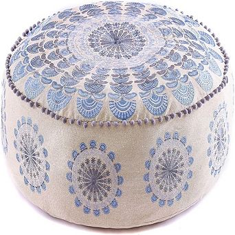 Large Round Blue Indian Floor Pillow Cover, Unstuffed Pouf