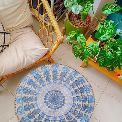 Large Round Blue Indian Floor Pillow Cover, Unstuffed Pouf