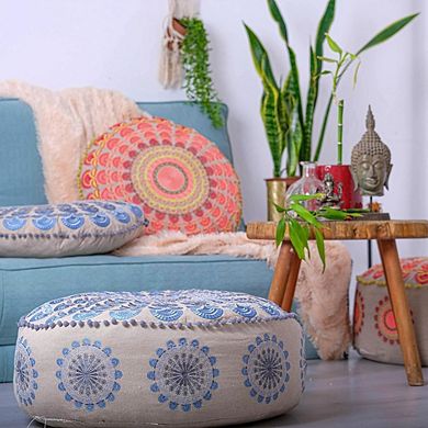 Large Round Blue Indian Floor Pillow Cover, Unstuffed Pouf