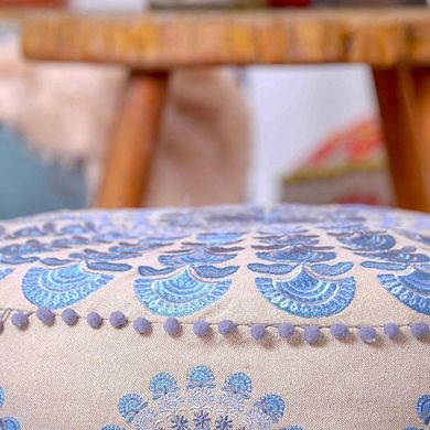 Large Round Blue Indian Floor Pillow Cover, Unstuffed Pouf