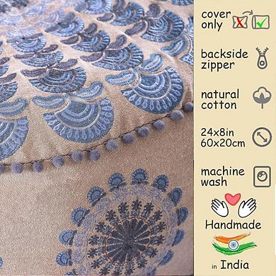 Large Round Blue Indian Floor Pillow Cover, Unstuffed Pouf