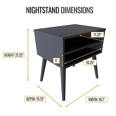 Mid-Century Modern Two Shelf Nightstand, Low Profile Bedside End Table