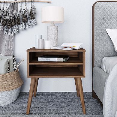 Mid-Century Modern Two Shelf Nightstand, Low Profile Bedside End Table