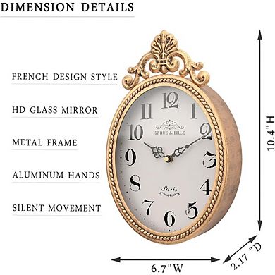 Compact French Vintage Oval Gold Silent Battery Wall Clock