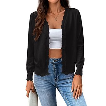 Women's Cropped Long Sleeve V-Neck Button Down Knit Cardigan Sweater Wave Edges Casual Knit Shrugs