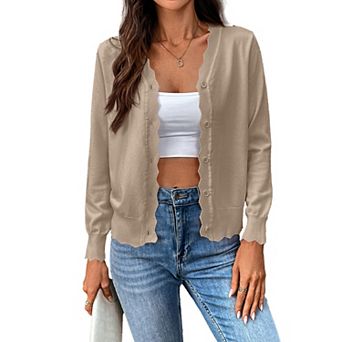 Women's Cropped Long Sleeve V-Neck Button Down Knit Cardigan Sweater Wave Edges Casual Knit Shrugs