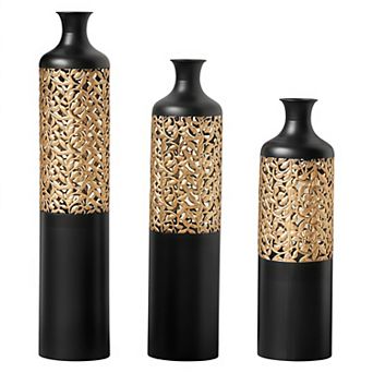 3 pc Handcrafted Metal Floor Vase Set with Cutout Design, Modern Glam Decor