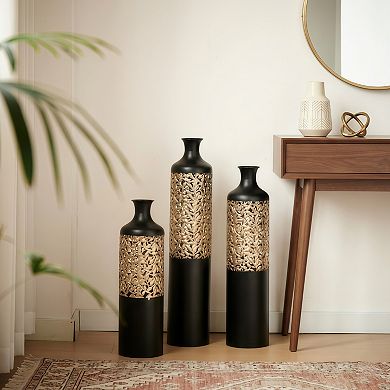 3-Piece Handcrafted Metal Floor Vase Set with Cutout Design, Modern Glam Decor