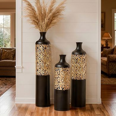 3-Piece Handcrafted Metal Floor Vase Set with Cutout Design, Modern Glam Decor