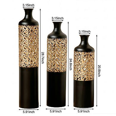 3-Piece Handcrafted Metal Floor Vase Set with Cutout Design, Modern Glam Decor