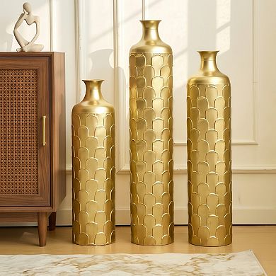 Glam Textured Metal Floor Vase Set, 3-Piece Decorative Collection