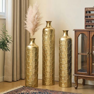 Glam Textured Metal Floor Vase Set, 3-Piece Decorative Collection