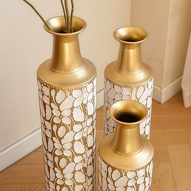 Decorative Metal Floor Vases Set of 3 with Leaf Pattern