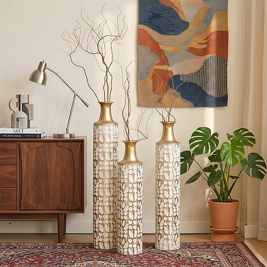 Decorative Metal Floor Vases Set of 3 with Leaf Pattern