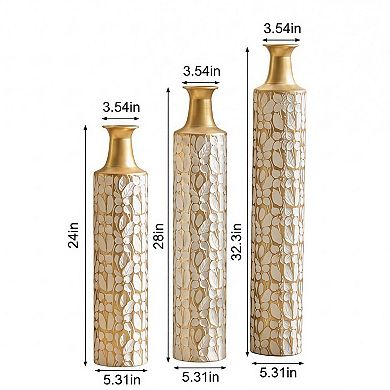 Decorative Metal Floor Vases Set of 3 with Leaf Pattern