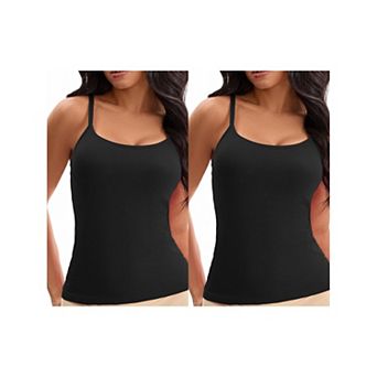 2 Packs Women's Spaghetti Straps Camisoles with Built-In Bras Basic Sleeveless Undershirts Tops