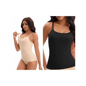 2 Packs Women's Spaghetti Straps Camisoles with Built-In Bras Basic Sleeveless Undershirts Tops
