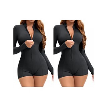 2 Packs Women's Long Sleeve Front Zip Basic Bodysuit High Neck Tummy Control Shapewear Leotard