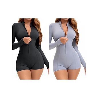 2 Packs Women's Long Sleeve Front Zip Basic Bodysuit High Neck Tummy Control Shapewear Leotard
