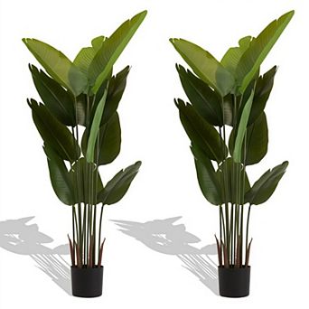 Artificial Bird of Paradise Plant Set, Faux Tropical Palm Tree in Pot for Indoor and Outdoor Decor