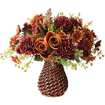 Brown Silk Rose Bouquet in Rattan Vase, Faux Floral Centerpiece Decor
