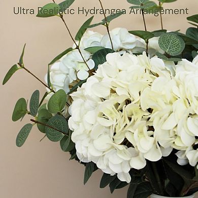 Hyper-Realistic White Faux Hydrangea and Eucalyptus Artificial Floral Arrangement