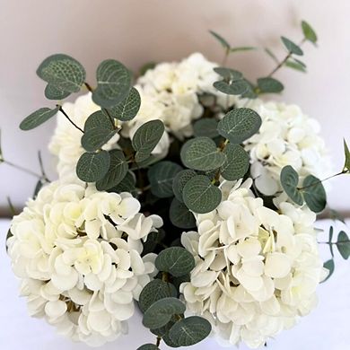 Hyper-Realistic White Faux Hydrangea and Eucalyptus Artificial Floral Arrangement