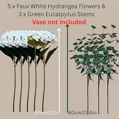 Hyper-Realistic White Faux Hydrangea and Eucalyptus Artificial Floral Arrangement