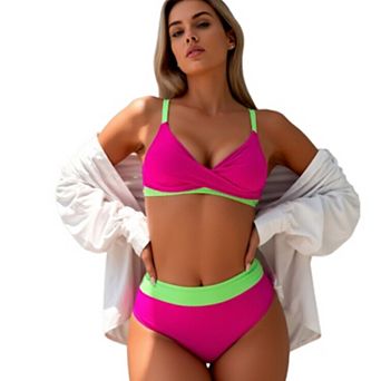 Women's Block Bikini Set High Waist Two Piece Swimsuit