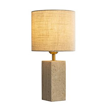16'' Natural Small Travertine Stone Base Bedside Table Lamp Modern Rectangular Nightstand Lamp