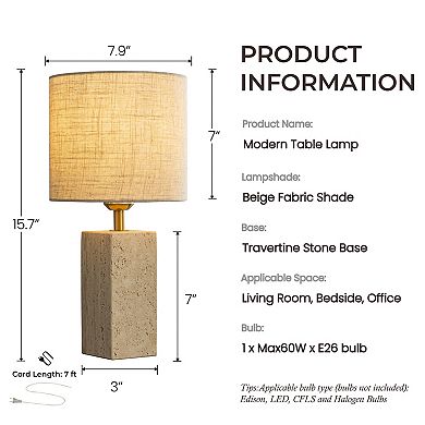 16'' Natural Small Travertine Stone Base Bedside Table Lamp Modern Rectangular Nightstand Lamp
