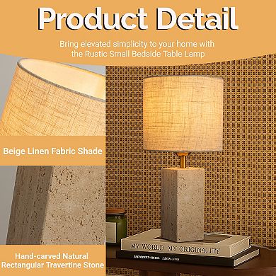 16'' Natural Small Travertine Stone Base Bedside Table Lamp Modern Rectangular Nightstand Lamp