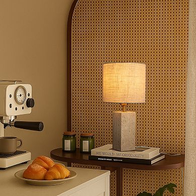 16'' Natural Small Travertine Stone Base Bedside Table Lamp Modern Rectangular Nightstand Lamp