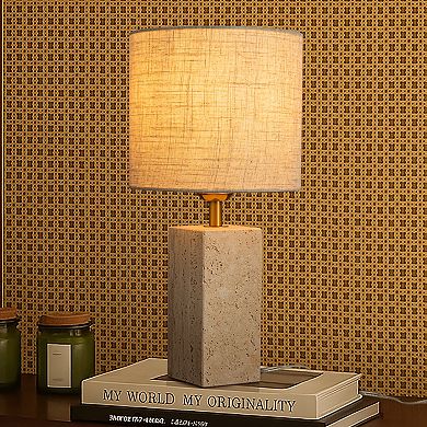 16'' Natural Small Travertine Stone Base Bedside Table Lamp Modern Rectangular Nightstand Lamp