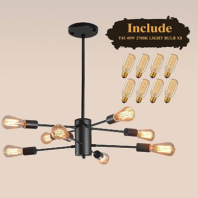 8 Light Black Industrial Chandelier with Branch Style Metal Frame E26 Base