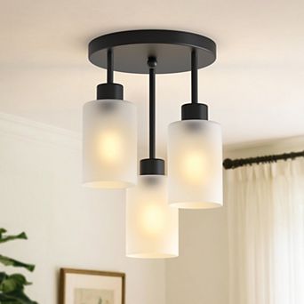 3-Light Industrial Flush Mount Ceiling Light, 12" Black with Frosted Glass Shade for Hallway Bedroom