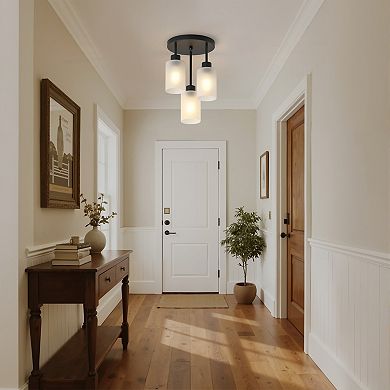 3-Light Industrial Flush Mount Ceiling Light, 12" Black with Frosted Glass Shade for Hallway Bedroom