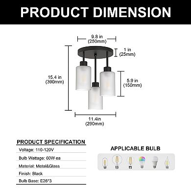 3-Light Industrial Flush Mount Ceiling Light, 12" Black with Frosted Glass Shade for Hallway Bedroom