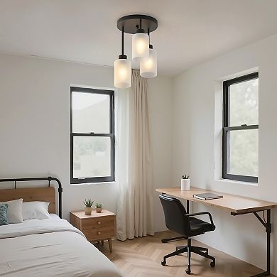 3-Light Industrial Flush Mount Ceiling Light, 12" Black with Frosted Glass Shade for Hallway Bedroom