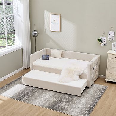 GOODSILO Velvet Diamond Grid Pull-Out Daybed with Trundle for Modern Living Spaces