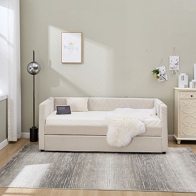 GOODSILO Velvet Diamond Grid Pull-Out Daybed with Trundle for Modern Living Spaces