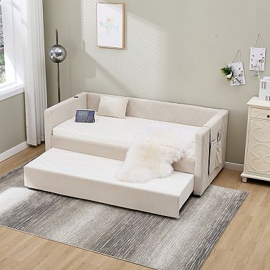 GOODSILO Velvet Diamond Grid Pull-Out Daybed with Trundle for Modern Living Spaces