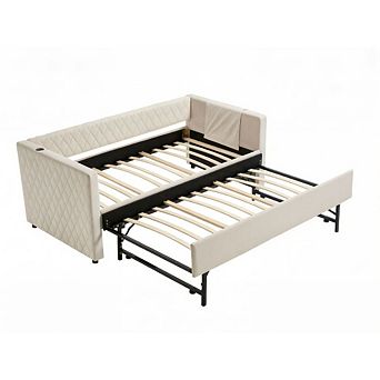 GOODSILO Velvet Diamond Grid Pull-Out Daybed with Trundle for Modern Living Spaces