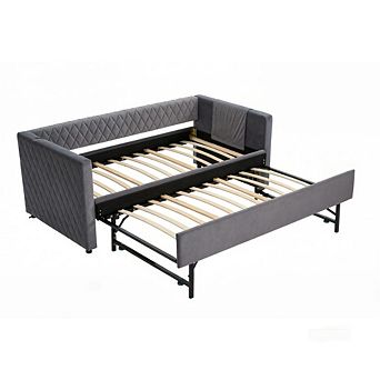 GOODSILO Velvet Diamond Grid Pull-Out Daybed with Trundle for Modern Living Spaces